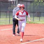 NICOLE SHANNON | MAIN FOCUS MEDIA Hoquiam shortstop Lexi LaBounty is all smiles after hitting a home run in a 1A District 4 elimination game against Columbia-White Salmon on Saturday in Centralia.