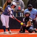 MATT RUMBLES PHOTOGRAPHY Pe Ell-Willapa Valleys Lauren Matlock connects with a pitch during a 2B District 4 Tournament win over Forks on Saturday at Fort Borst Park in Centralia.