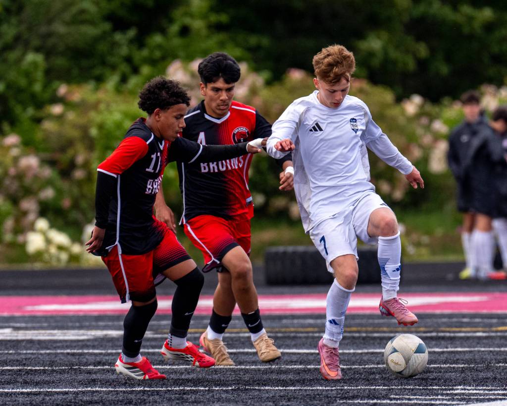 MATT RUMBLES PHOTOGRAPHY Elmas Jordan Kain (right) scored a goal in a 2-1 victory over Columbia-White Salmon in a 1A District 4 Tournament elimination game on Saturday in Tenino.
