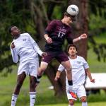 MATT RUMBLES PHOTOGRAPHY Raymond-South Bends Jayden Silva (17) gets his head on the ball during a 2-0 loss to Kings Way Christian in the 1A District 4 championship game on Saturday in Tenino.