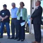 Jerry Knaak / The Daily World
Flanked by fellow hospital commissioners John Shaw and Christopher Thomas, and Harbor Regional Health CEO Tom Jensen, Lynn Csernotta addresses the attendees at the ribbon-cutting for the new Harbor Regional Health Family Medicine Clinic in Ocean Shores.