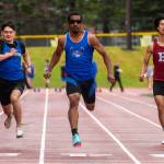 PHOTO BY FOREST WORGUM Elmas Ritchie Guadarrama (middle) leads Rochesters Dominic Delgado (left) and Hoquiams Andrew Le in the boys 100-meter sprint at the 1A Evergreen League Championships on Friday at Montesano High School.