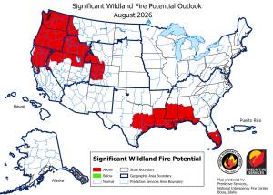 The National Interagency Fire Centers updated outlook maps for summer 2026 predict an elevated fire risk in most of Washington state in June and July. In August, the outlook for elevated wildfire risk encompasses all of Washington, Oregon, and Idaho.