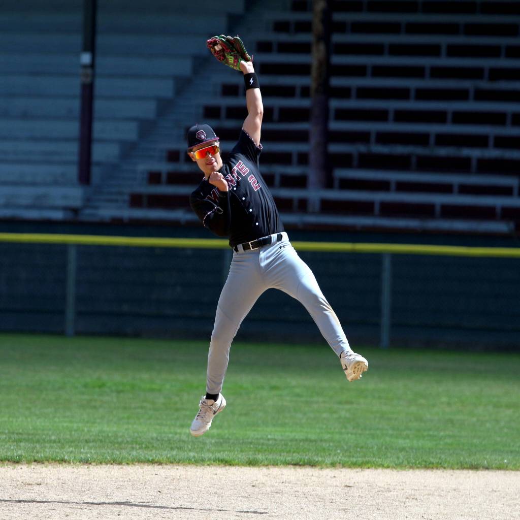 RYAN SPARKS | THE DAILY WORLD Montesano shortstop Toren Crites makes a leaping catch of a line drive during a 1A State Tournament game on Saturday at Olympic Stadium in Hoquiam.
