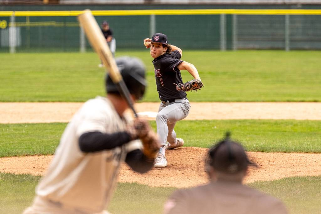 MATT RUMBLES PHOTOGRAPHY Montesano pitcher Kolson Hendrickson led the Bulldogs to a 10-1 win over Royal in a 1A State Tournament first-round game on Saturday in Hoquiam.