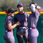 DAILY WORLD FILE PHOTO The Montesano outfield of (from left) Charlee Fairbairn, Taylor Galvin and Grace Gooding share a laugh during a game against Aberdeen on April 28.