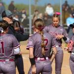 DAILY WORLD FILE PHOTO Montesano head coach Pat Pace (left) talks to his team during a game against Aberdeen on April 28. The Bulldogs finished the season with a perfect record for the first time in the veteran head coachs 29 years at the helm of the program.