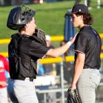 RYAN SPARKS | THE DAILY WORLD Montesano catcher Colton Grubb (left) speaks with pitcher Kolson Hendrickson during a 2-1 loss to Kings in the 1A State championship game on Saturday at Joe Martin Stadium in Bellingham.