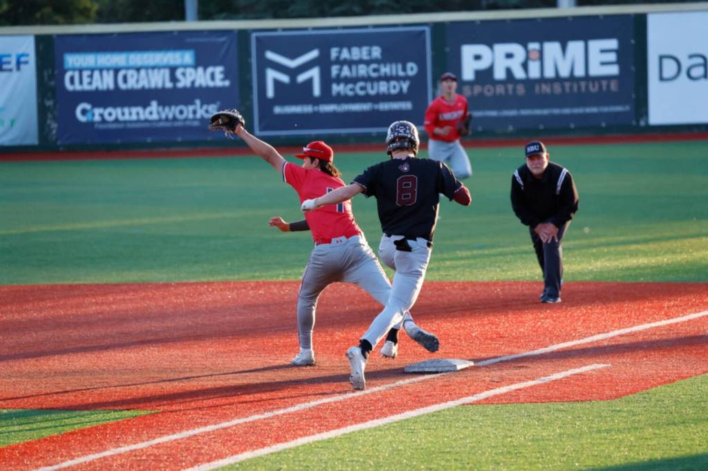 PHOTO BY MAX CHEN Montesanos Mason Fry (8) runs down the first-base line during a 2-1 loss to Kings in the 1A State championship game on Saturday at Joe Martin Stadium in Bellingham.