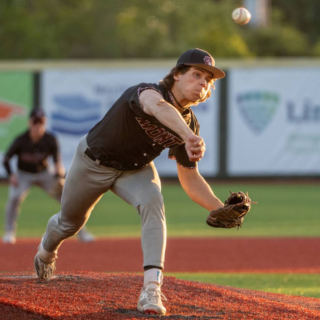 PHOTO BY FOREST WORGUM Montesanos Kolson Hendrickson throws a pitch during a 2-1 loss to Kings in the 1A State championship game on Saturday at Joe Martin Stadium in Bellingham. Hendrickson allowed one hit in 7 2-3 innings pitched.