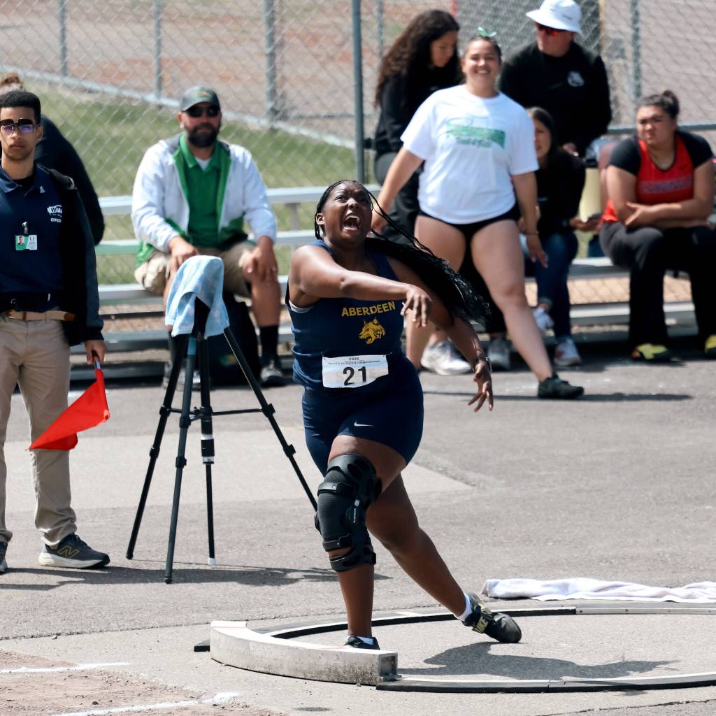 PHOTO BY DENNIS NELSON Aberdeens Rylee Brooks competes in the girls shot put at the WIAA 2A State Track & Field Championships on Saturday at Mount Tahoma High School in Tacoma.