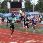 PHOTO BY DENNIS NELSON Aberdeens Braxton Gozart (2) competes in the boys 100 meters at the WIAA 2A State Track & Field Championships at Mount Tahoma High School in Tacoma.