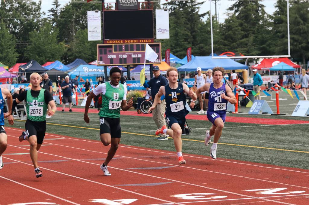 PHOTO BY DENNIS NELSON Aberdeens Braxton Gozart (2) competes in the boys 100 meters at the WIAA 2A State Track & Field Championships at Mount Tahoma High School in Tacoma.