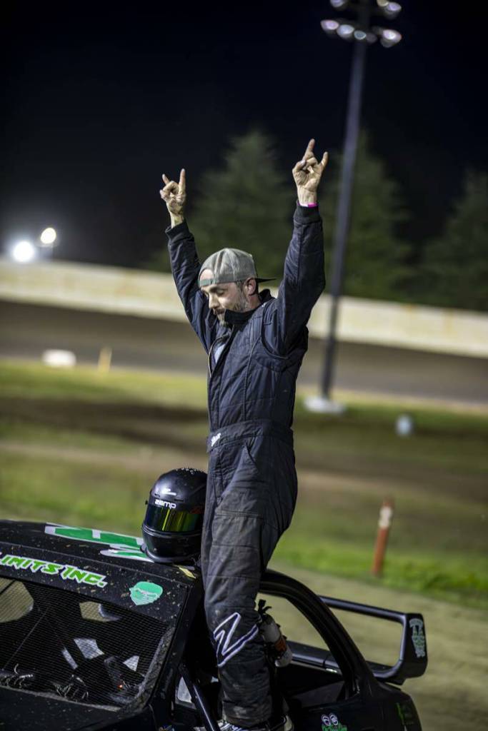 Nick Miles celebrates his victory in the Hornets A Main final at the raceway Saturday.