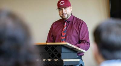 Ridley Hudson / The Chronicle
Confederated Tribes of the Chehalis Reservation Chairman Dustin Klatush speaks at an event in June 2025.