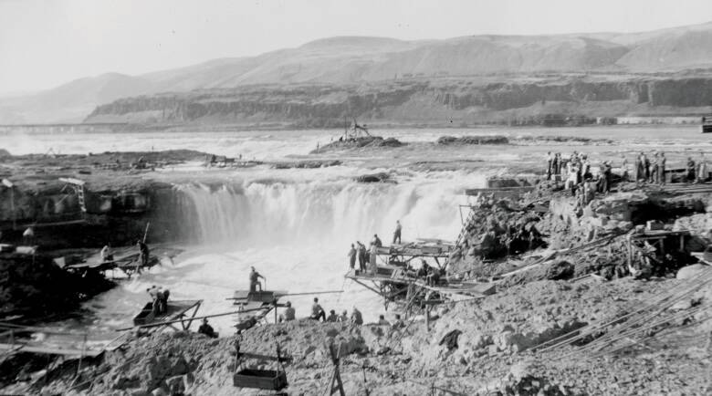 OSU Special Collections
Fishing for Salmon at Celilo Falls shows traditional fishing methods used by Indigenous peoples in the Pacific Northwest at Celilo Falls on the Columbia River.