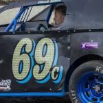 Chuck Smith in his SportMods car after his exhibition at the raceway in Elma.