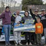 Tyson Blood and his racing crew in victory lane Saturday after his win in the IMCA Modifieds at the Grays Harbor Raceway