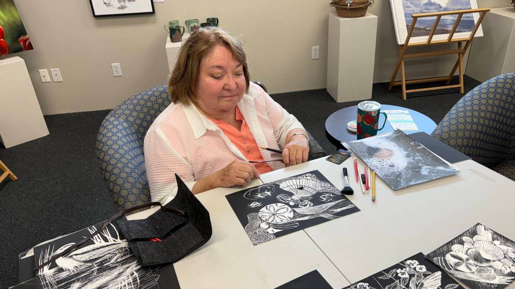 Jerry Knaak / The Daily World
Jane Krause works on a scratch board piece at the Gallery of Ocean Shores.