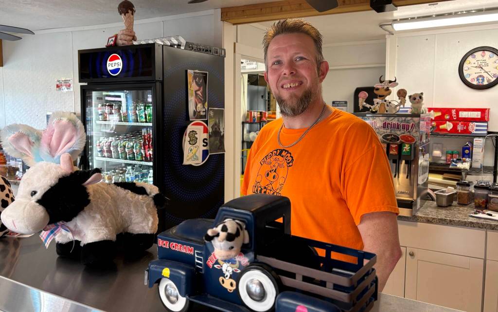 Drew greets customers at Buddy Moos in Hoquiam.