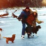 Jim Plampin and Maggie Roe horse around on their frozen Humptulips pond as their dogs Pilar, Jack and Butler get in on the action. Maggie – the artist M.M. Roe – was happiest out of the spotlight working in her studio surrounded by the rainforest and their pets.