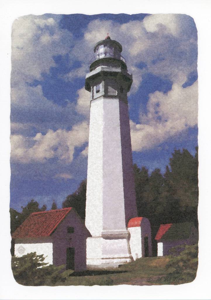 Grays Harbor Light, Cape Meares and Umpqua River are among 16 notecards featuring watercolors of lighthouses by the late M.M. Roe of Humptulips. Her husband, Jim Plampin, has donated a sizeable inventory of notecards to the Westport South Beach Historical Society.