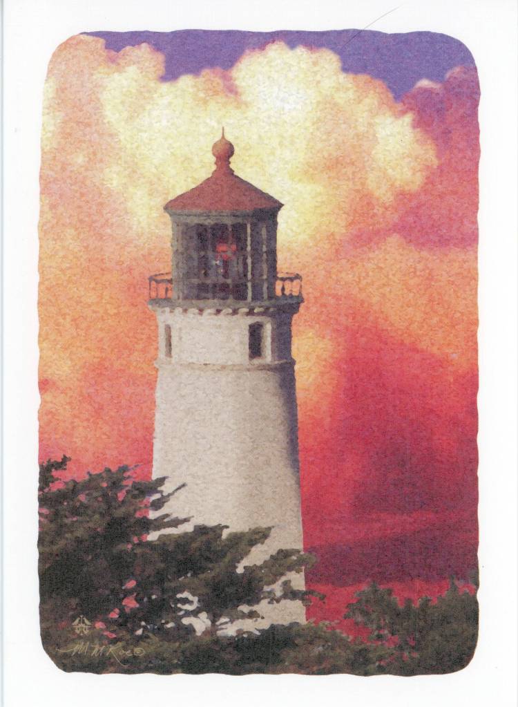 Grays Harbor Light, Cape Meares and Umpqua River are among 16 notecards featuring watercolors of lighthouses by the late M.M. Roe of Humptulips. Her husband, Jim Plampin, has donated a sizeable inventory of notecards to the Westport South Beach Historical Society.
x