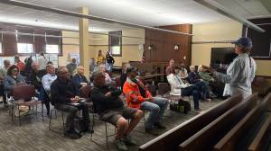 Jerry Knaak / The Daily World
Twin Harbors Waterkeeper Lee First addresses a group of interested and concerned citizens at the Hoquiam Timberland Library on Tuesday.