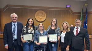 Rose OKeefe / Grays Harbor County
Gema Martinez, Lillian Hackney and Tawna Richardson earned Grays Harbor County Leadership and Service Awards. Also pictured, County Commissioners Rick Hole (left), Georgia Miller and J.R. Streifel.