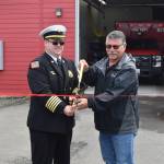 Jerry Knaak / The Daily World
Ocean Shores Fire Chief Brian Ritter and Mayor Frank Elduen cut the ribbon officially opening the South Fire Station.