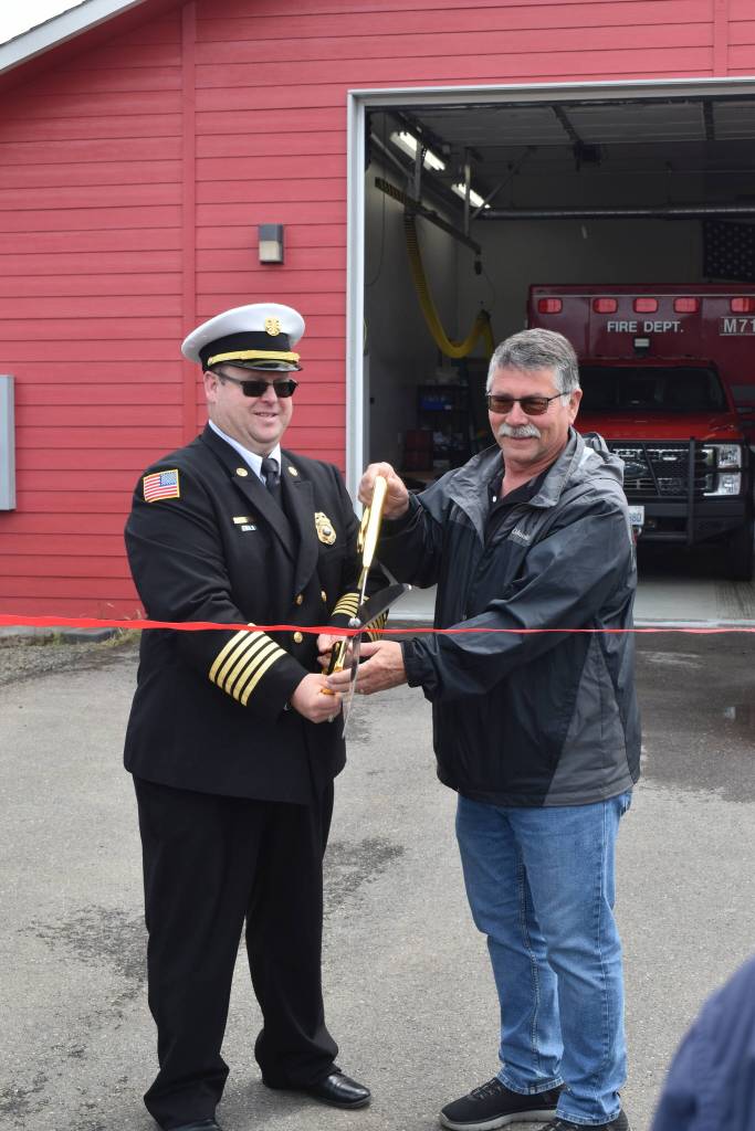 Jerry Knaak / The Daily World
Ocean Shores Fire Chief Brian Ritter and Mayor Frank Elduen cut the ribbon officially opening the South Fire Station.