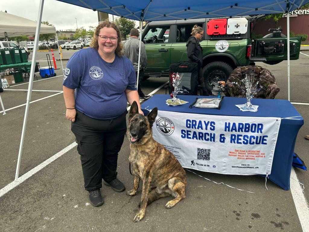 Holly, a member of Grays Harbor Search and Rescue, was introducing rescue Zoekur to the attendees at the Emergency Preparedness Expo Saturday in Aberdeen. Zoekur is a well-trained and very friendly Dutch Shepard.