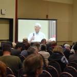 An Ocean Shores resident asks a question during the North Jetty Town Hall. (Jerry Knaak / The Daily World)