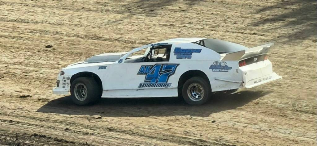 Austin Kerrigan in his AK 47 car pulls away for the lead in the Super Stocks final at the raceway Saturday.