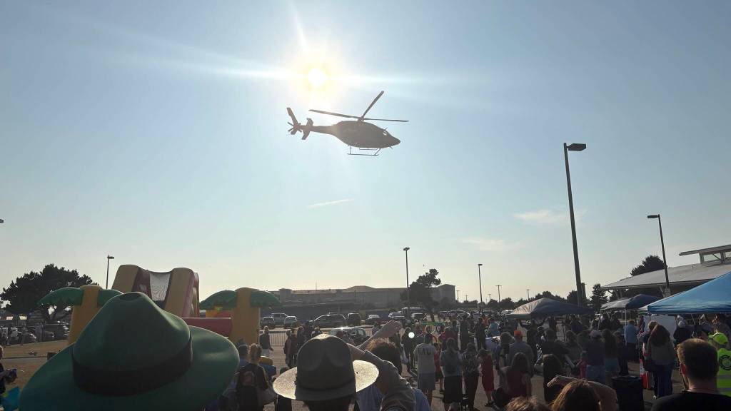 The Life Flight helicopter departs the Ocean Shores National Night Out event. (Jerry Knaak / The Daily World)