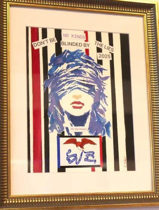 Carole Cohen created a mixed-media collage. Blinded by the lies, like sheep they walked in the shadow of darkness behind the man who wants to be a King.